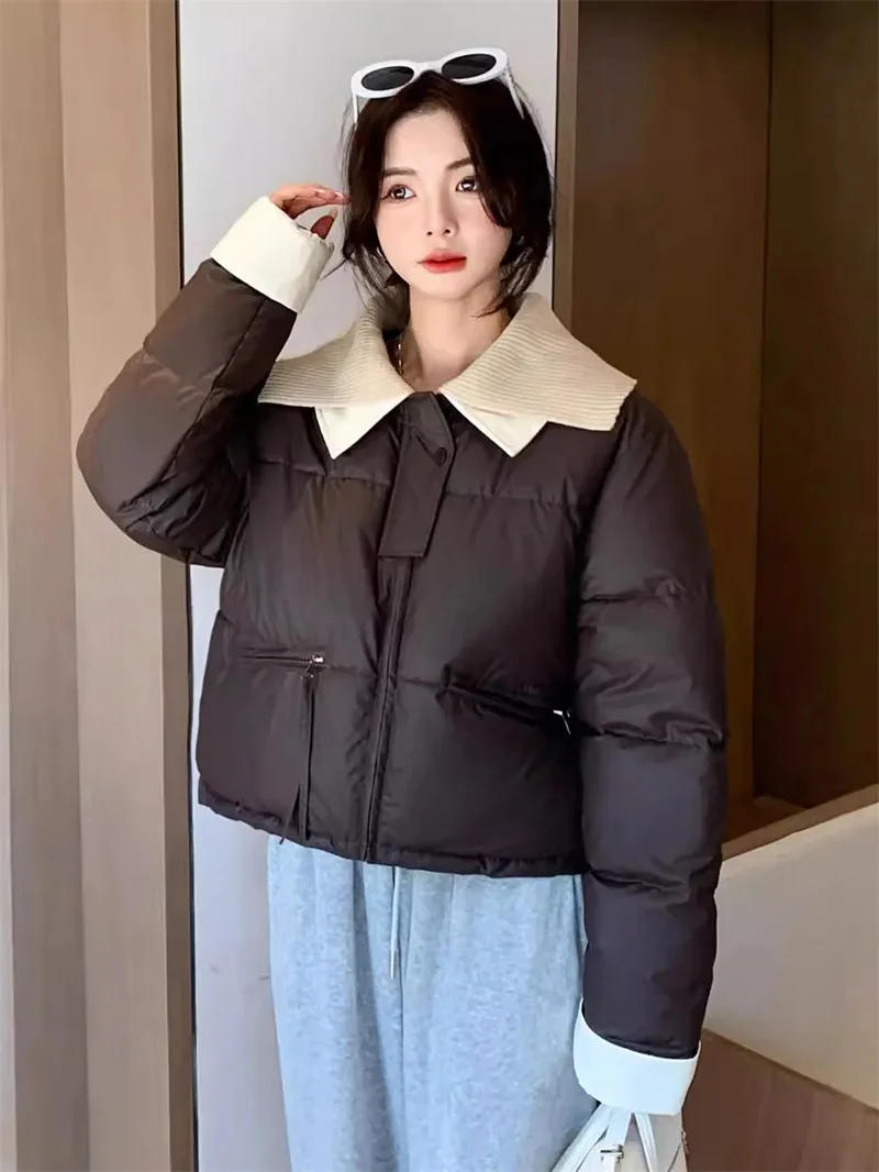 Short and Petite Down Cotton Jacket for Women in Winter 2024 With Loose Cesign and Patchwork Collar Cotton Jacket for Commuting