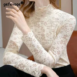 2023 Autumn Winter Women Clothes Sexy Flower Hollow Lace Half High Collar Elegant T Shirt Solid Long Sleeve Slim Warm Basic Tops