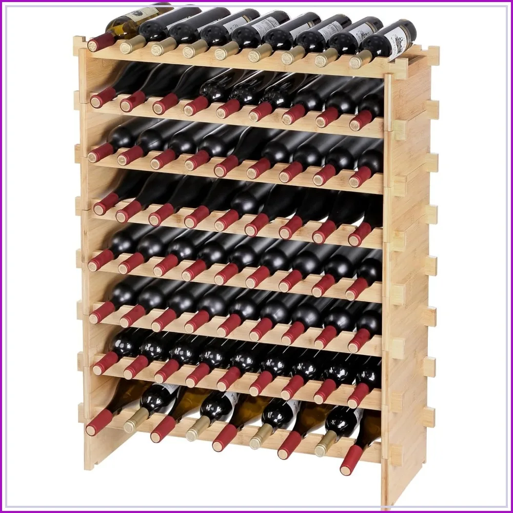 8-Tier 72 Bottle Stackable Wine Rack, Freestanding Bamboo Display Shelf, Wobble-Free Storage for Kitchen Dining Room Cellar