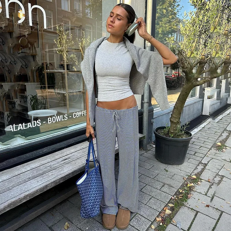 Amerikaanse casual gestreepte broek 2025, nieuwe hoog getailleerde losse broek met rechte pijpen en veters voor dames in herfst en lente