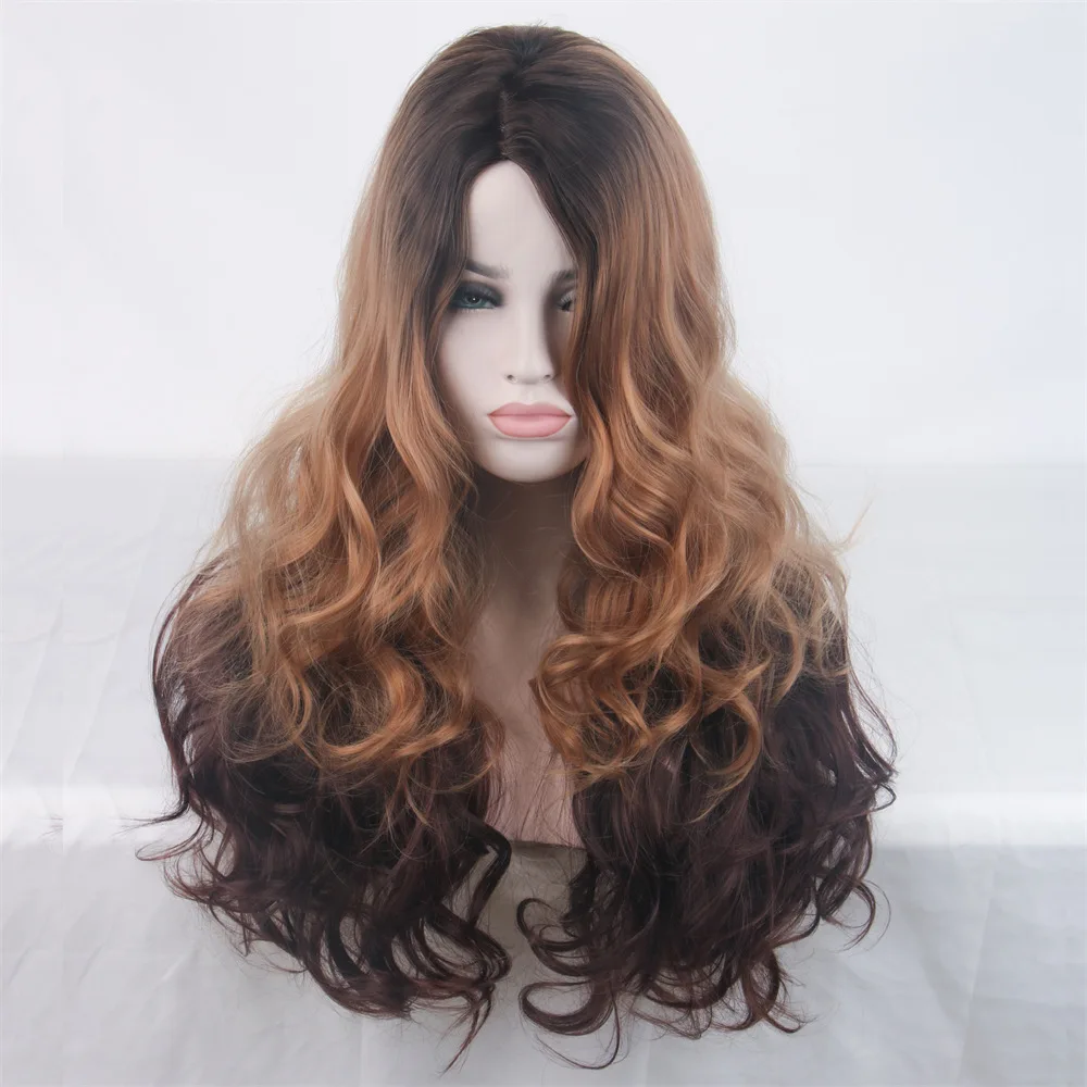 Gradient synthetic fiber wig headband  long curly hair golden brown large wavy split women's style