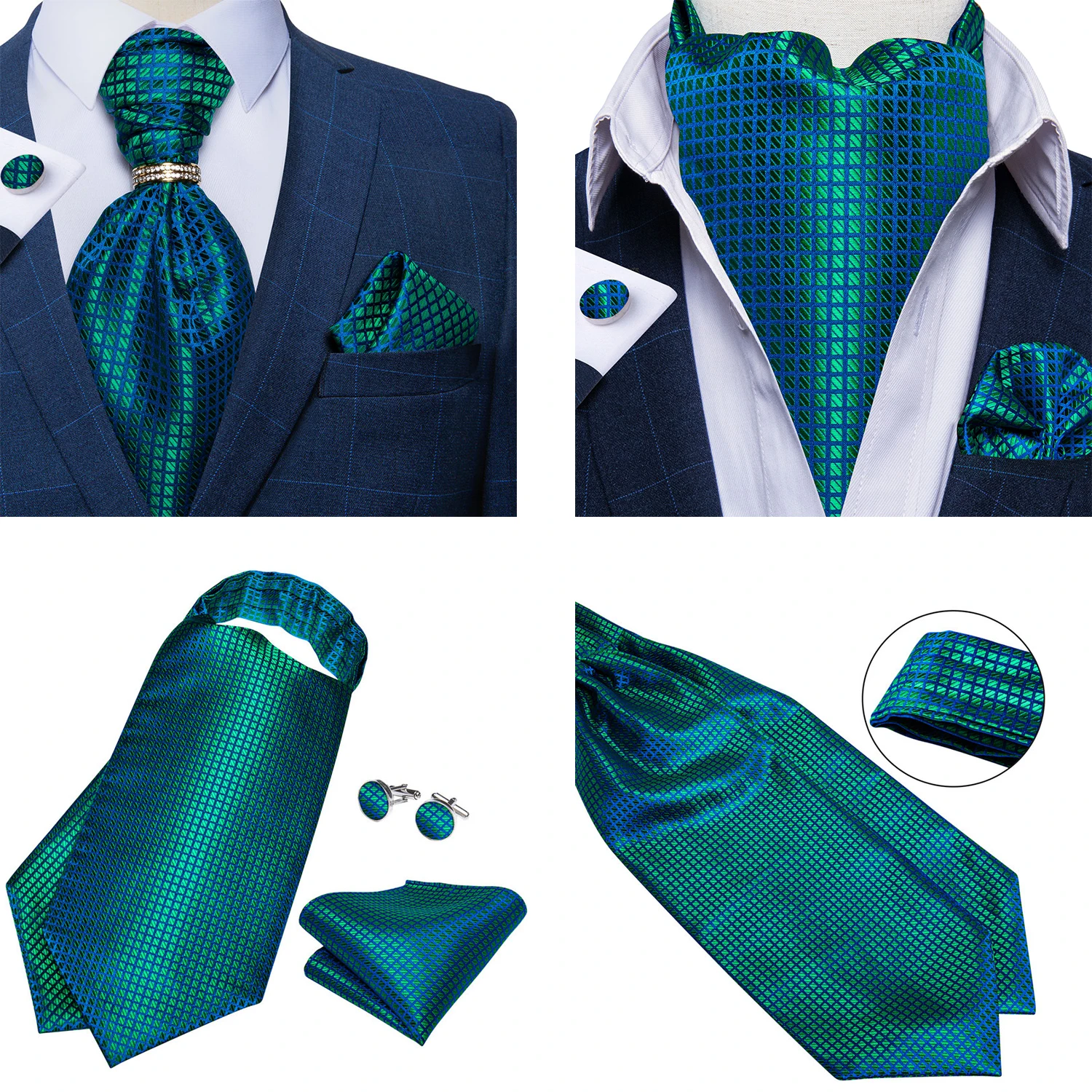 Luxury Men Green Blue Paisley Ascot Tie Set Solid Necktie Ring Wedding Party Cravat Purple Ties Pocket Sqaure Cufflink Free Ship