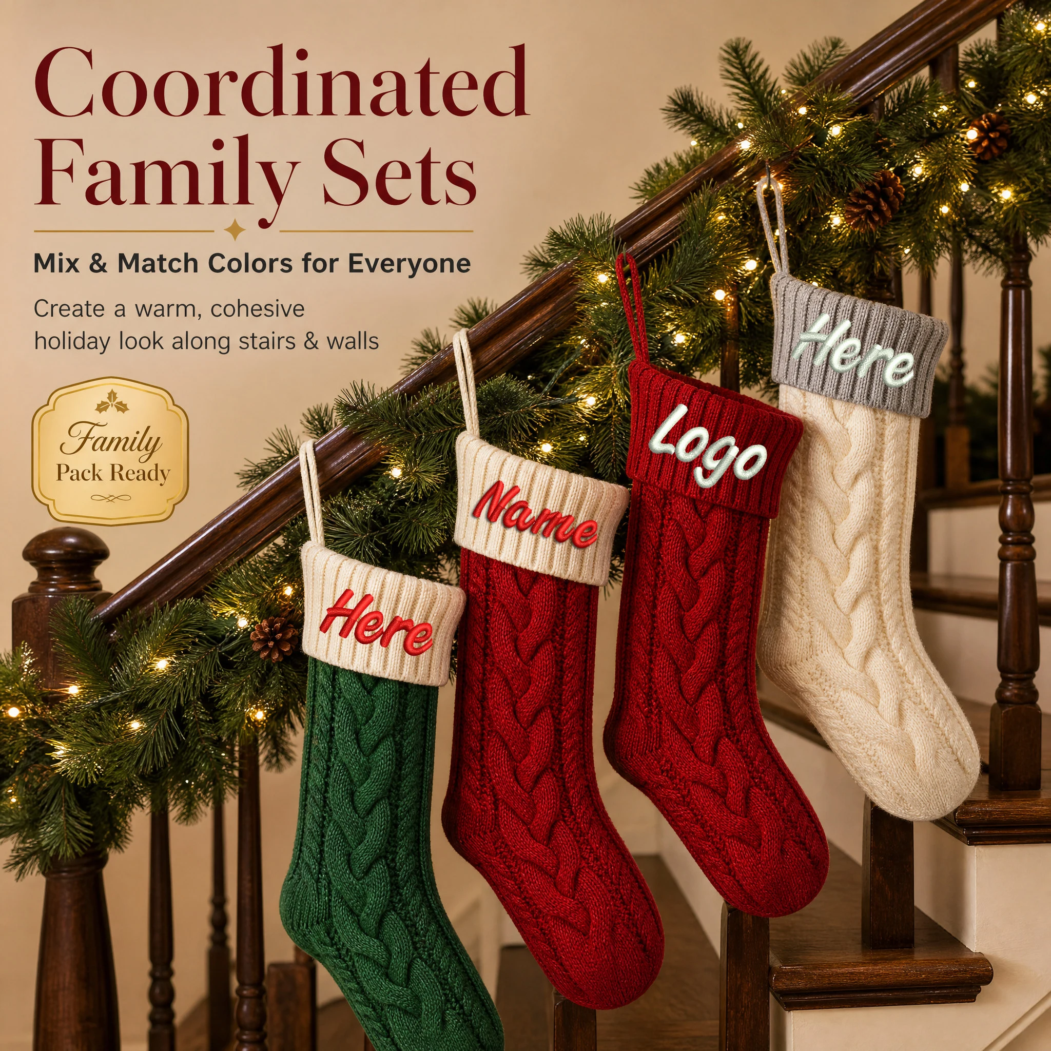 Christmas Stocking Hanging - Custom Embroidered Cable Knit Christmas Stocking