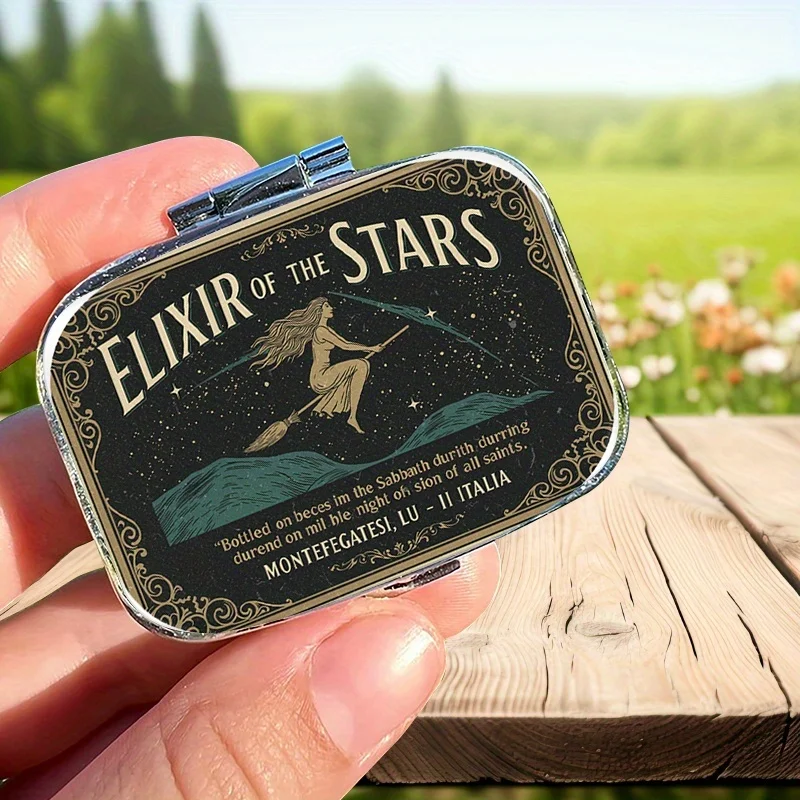 1 Piece Witch Riding a Broomstick Square Pill Box, Mini Pill Box, 2-Compartment Pill Organizer, Portable Medicine Storage Box for Home Use, Can Be Put in a Purse, Suitable for Travel, Is a Unique Gift