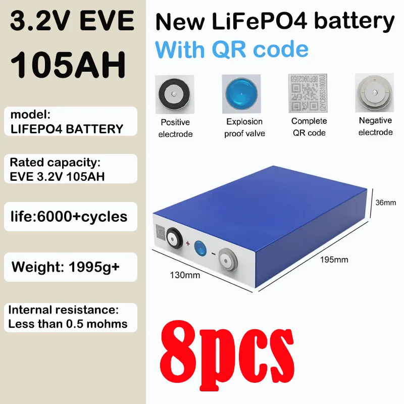 8pcs EVE 3.2V 105Ah Lifepo4 Rechargeable Battery Lithium Iron Phosphate for 12v Campers Golf Cart Off-Road Off-grid Solar Wind