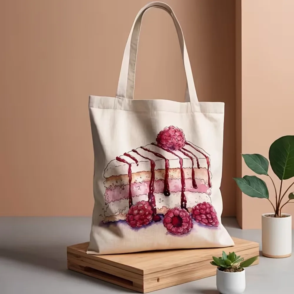 Watercolor Raspberry Slice Cake Canvas Tote Bag Sweet Dessert Pattern Reusable Shoulder Handbag Gift for Food Baking Lovers