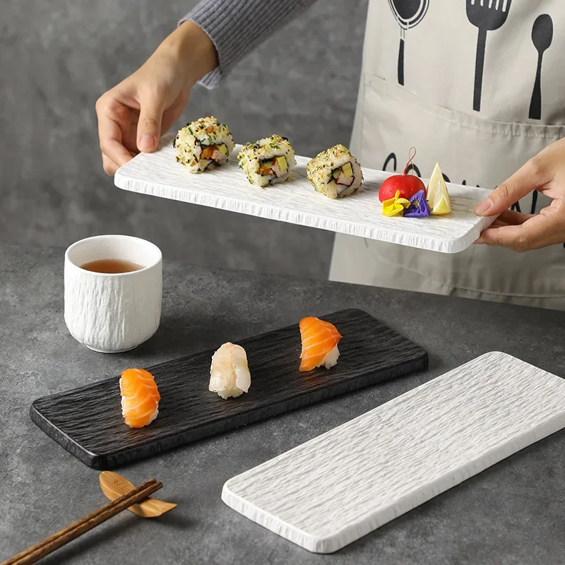 Black Slate Stone Texture Plate Japanese Sushi Dish Rectangular Serving Tray Ceramic Dinner Plate For Restaurant Home Kitchen