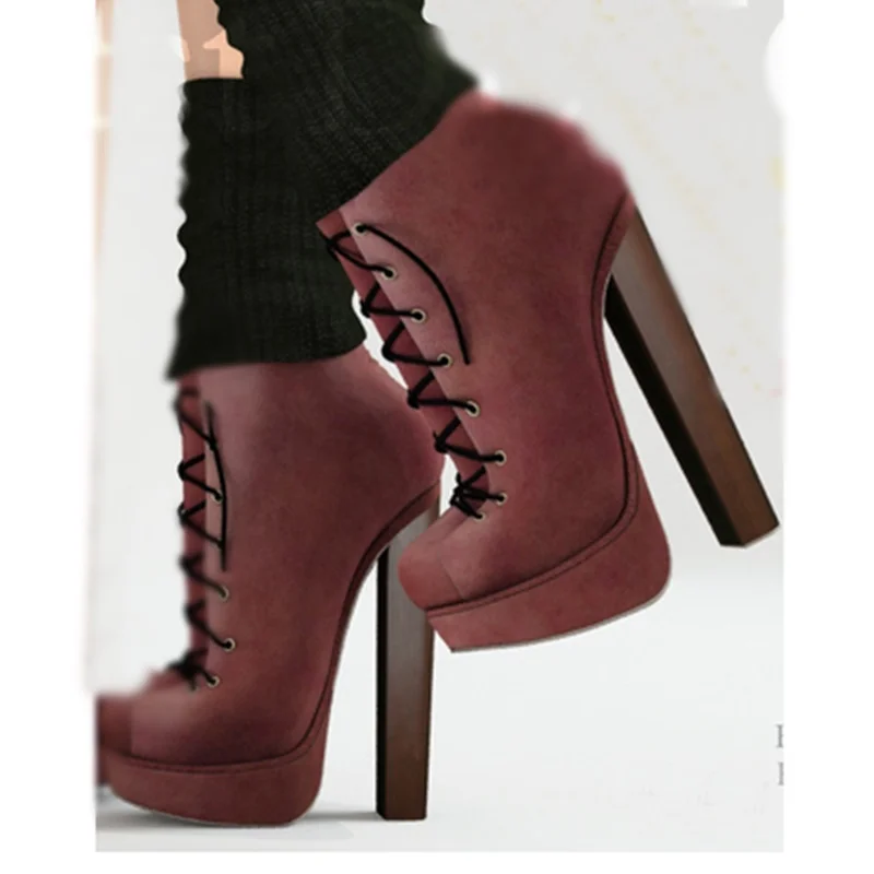 Brown Lace Up Mid Calf Platform Boots Chunky Heel Round Toe Fashion Cool 2026 Summer Big Size Woman Shoes Zapatillas Mujer