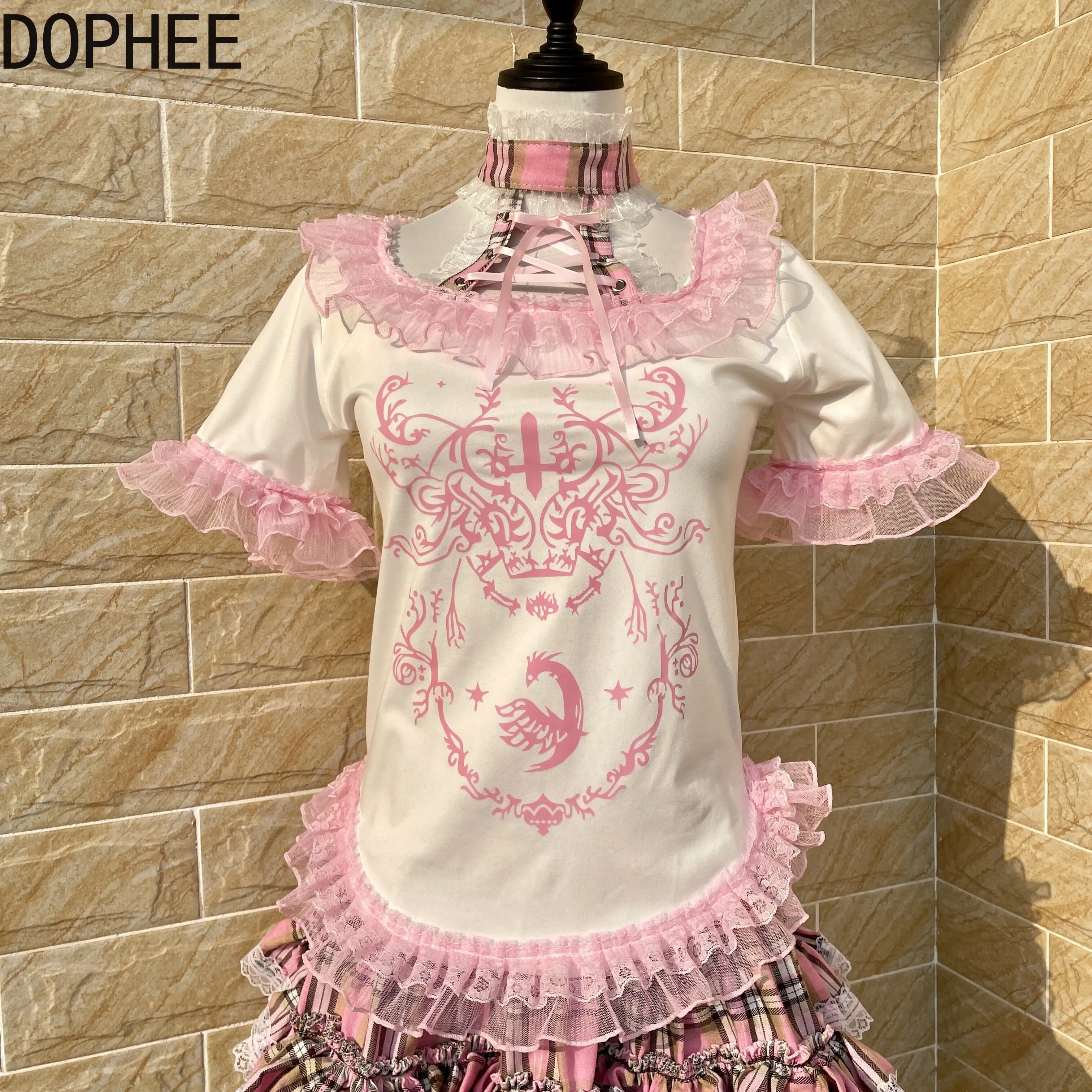 Original Subcultural Dark Gothic Elegant Lace Pink Lace Short Sleeve T-shirt Sweet Girls Y2k Printing Halterneck Pullover Tops