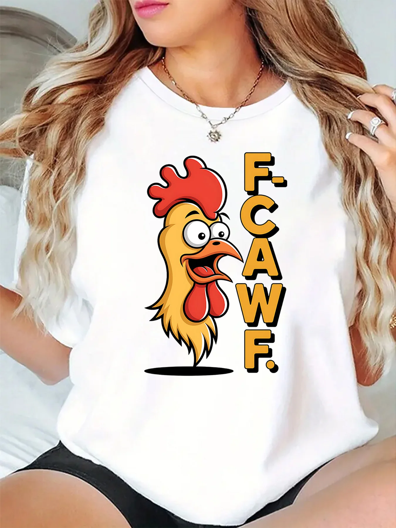 F Caw F Vertical Text Funny Cartoon Rooster Head Art Graphic Womens T Shirt Short Sleeve Crew Neck Daily Casual Ladies Tee Tops