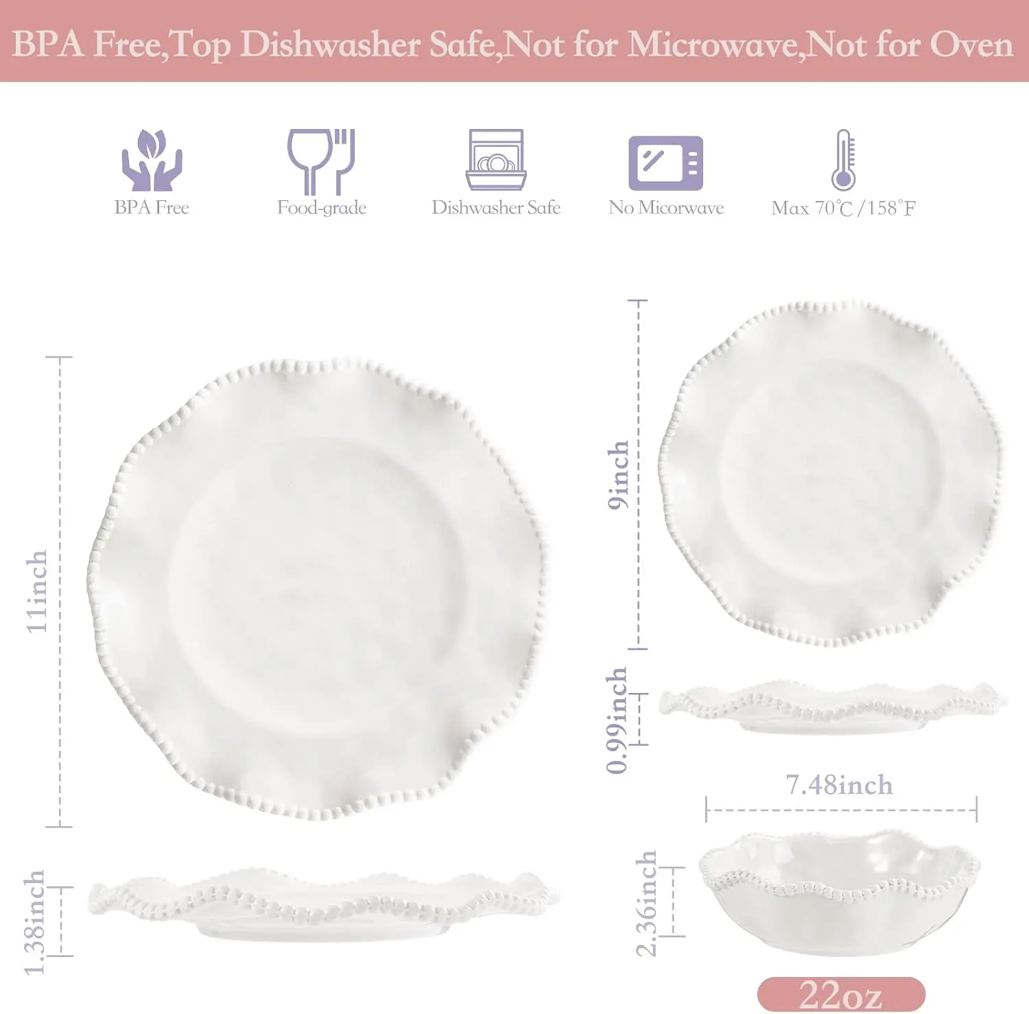 Perlette Melamine Dinnerware Sets,Service for 4, Cream Plates and Bowls Set with Beaded Edge, BPA Free Dishwasher Safe, Heavy Duty Unbreakable Dinnerware for Wedding Party Camping Outdoor