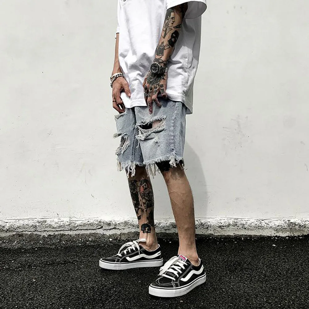 Mens Y2k Unique Shorts 2024 Summer New Fashion Trend Ripped Jeans Loose Large Size Shorts High Quality Old Retro Casual Shorts