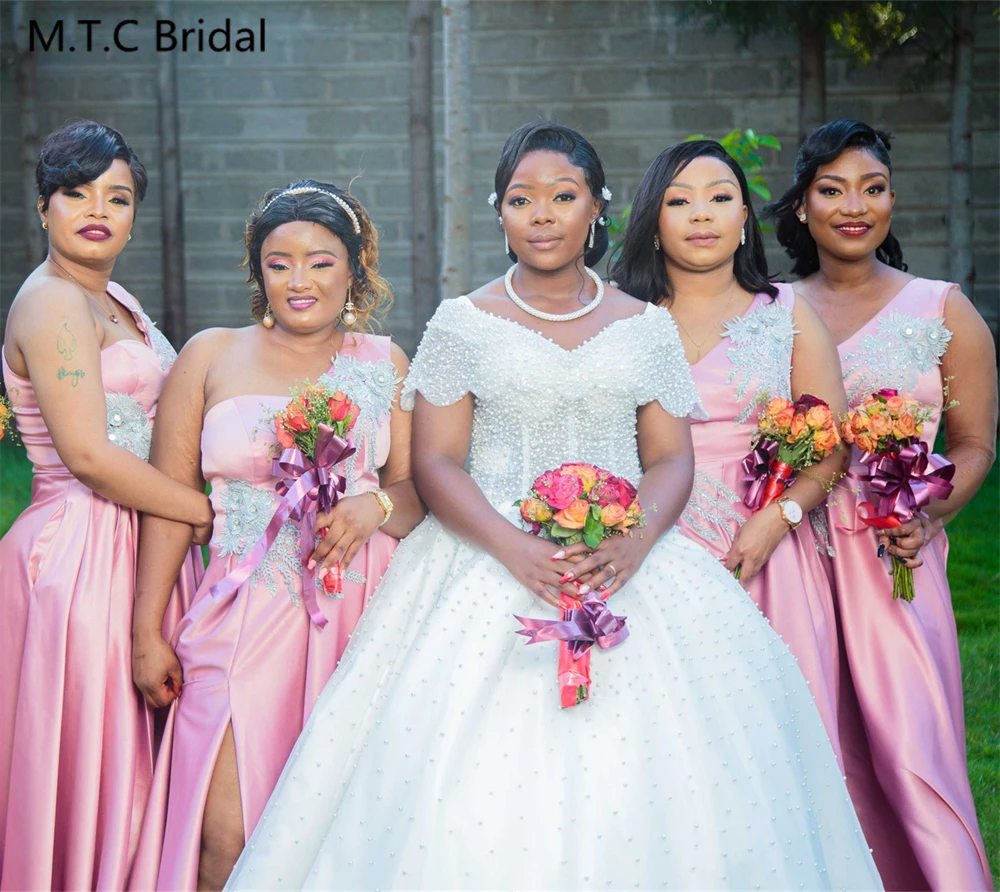 Lovely Long Pink African Bridesmaid Dresses Stunning Silver Appliques One Shoulder A Line Satin Maid Of Honor Gowns Custom Made