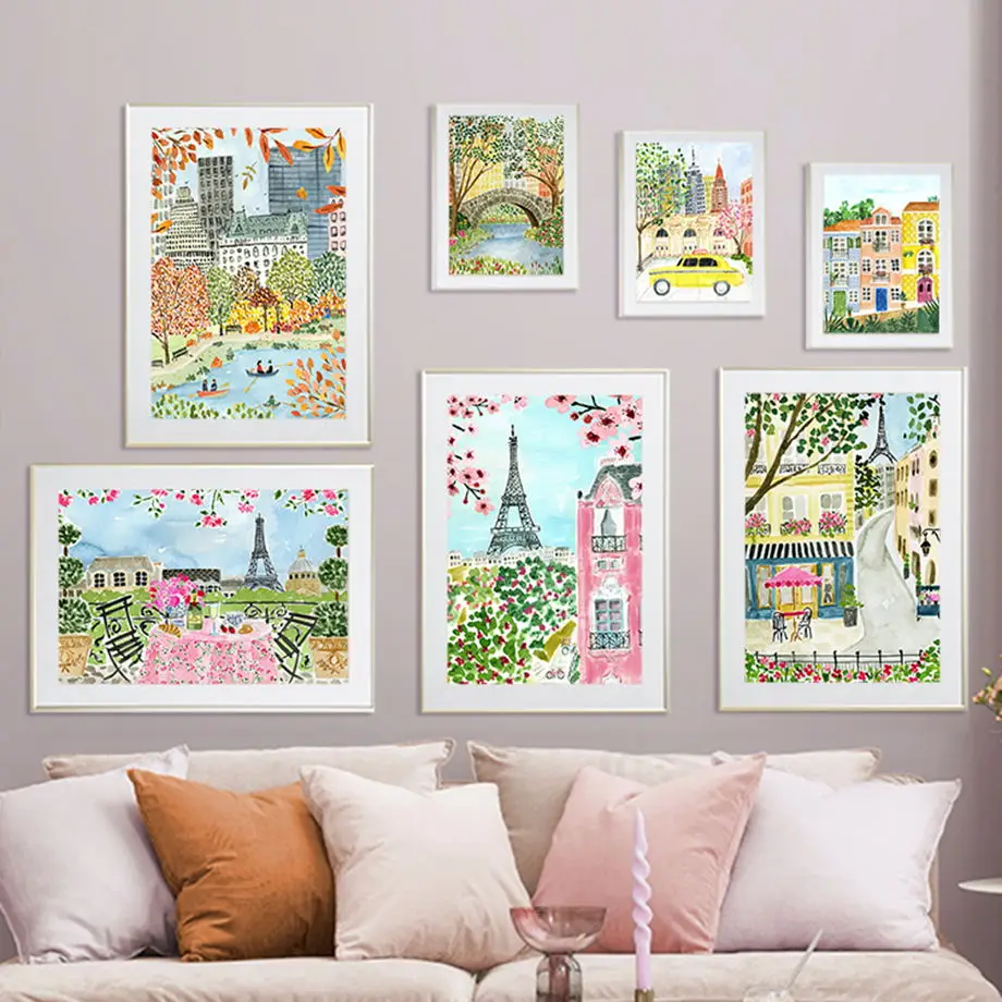 

Colorful French Abstract Landscape Nordic Posters Paris Tower Cherry Blossom Canvas Painting Wall Pictures For Living Room Decor