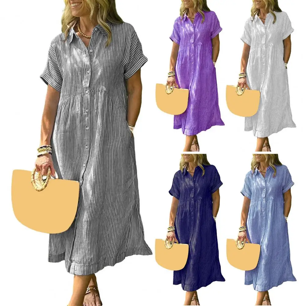 2023 frühling Frau Einreiher Strand Kleid Elegante Revers Neck Shirt Kleid Neue Sommer Beiläufige Lose Urlaub Kleid
