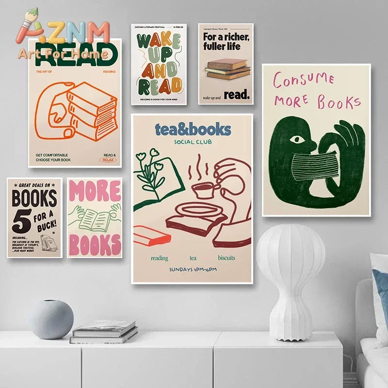 AZNM Book Lover Quote Canvas Wall Art, Reading Retro Typography Print, Study Room Bookish Wall Decor Poster