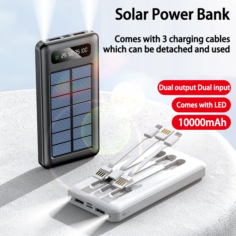 Solar Power Bank 10000mAh Fast Charge 2.1A Powerbank for iPhone Samsung/Xiaomi with 3 Built-in Cables External Battery PowerBank