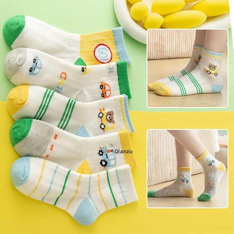 Breathable Summer Socks for Kids Thin Mesh Absorb Sweat Odor Control Mid-Calf Socks for Boys Student Children's Summer Socks