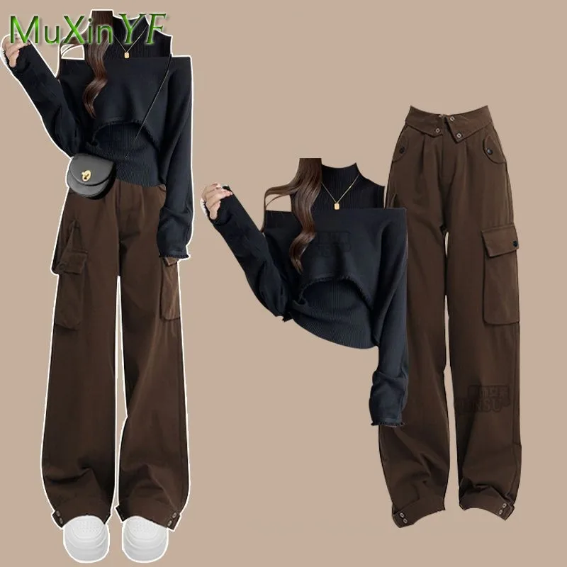 Women\'s 2024 Autumn/Winter New Cargo Pants Matching Set Korean Elegant Vintage Knit Hoodie+Vest+High Waist Trousers 3-Piece Suit