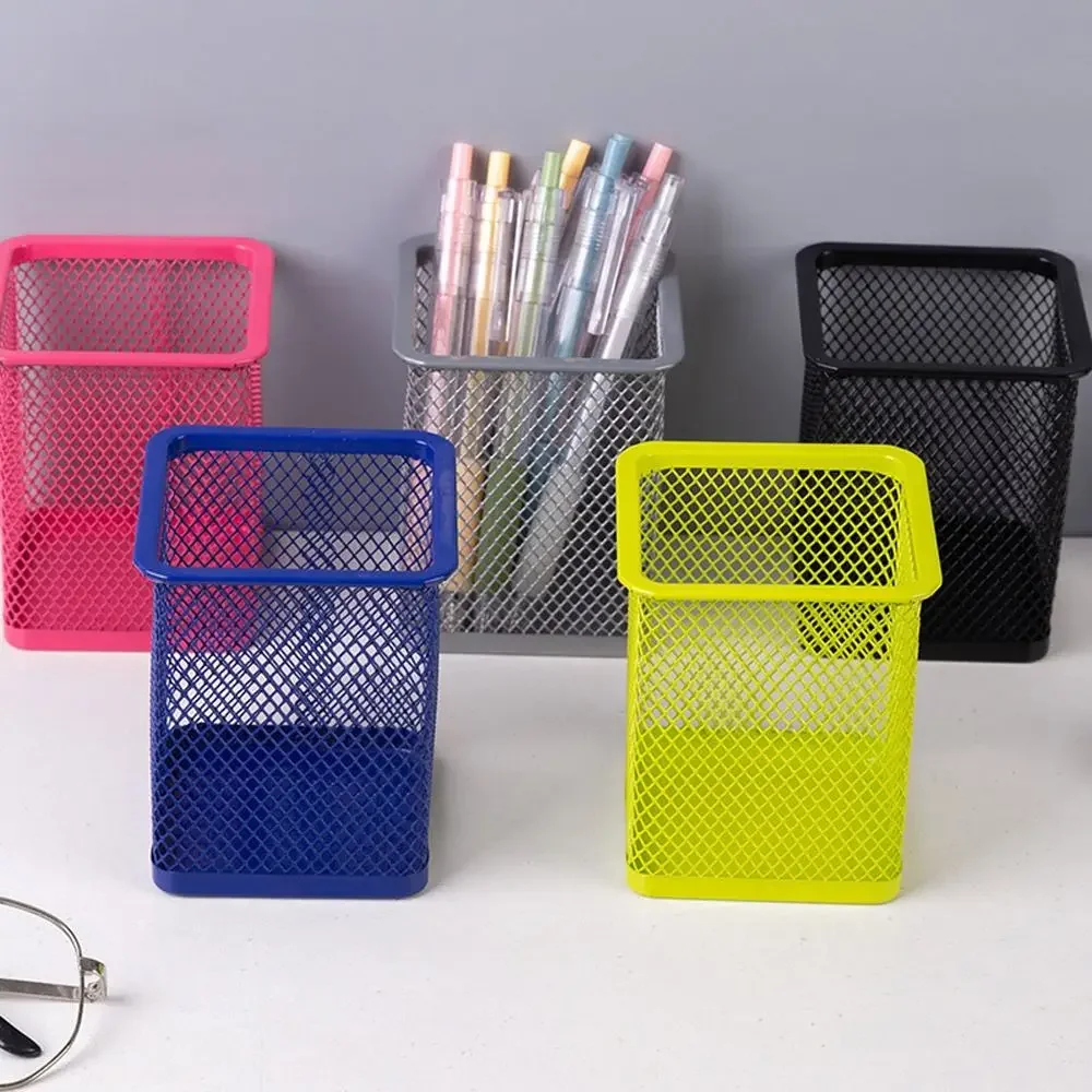 Multicolor Metal Mesh Square Pen Holder Durable Desk Pencil Cup Office Stationery Storage Organizer for School Home Supplies