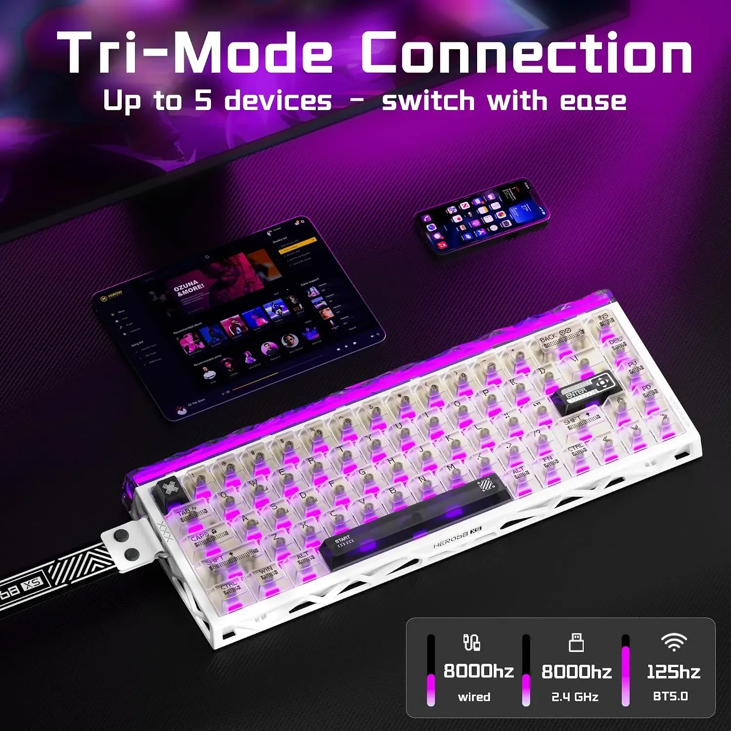 Aula Hero68 XS Hall Effect Magnetic Gaming Keyboard 60 Percent Wireless Keyboard Tri Mode BT5.3 2.4G Wired Rapid Trigger 0.005m - view 2