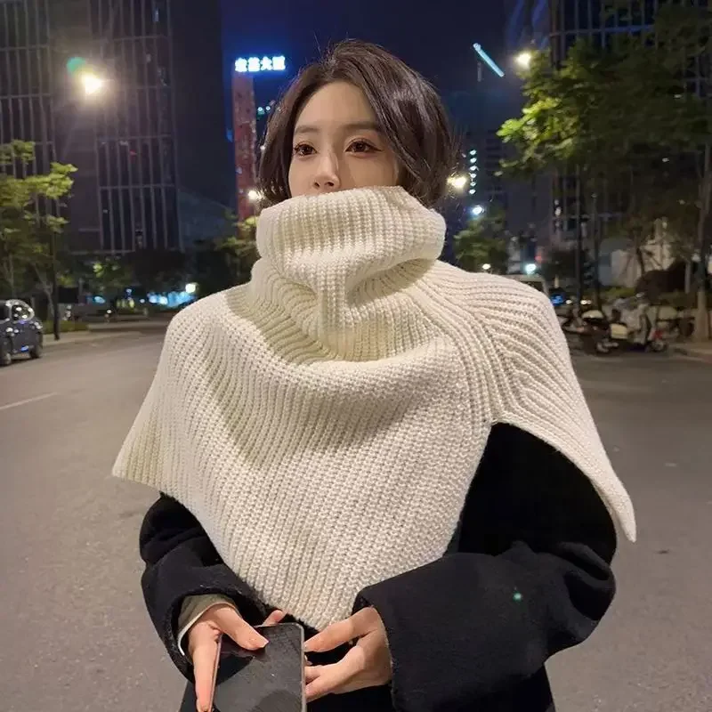 High Neck Irregular Wool Knitted Designer Scarf Outdoor Warm Convenient Windproof Matching Women Men Coat Solid Muffler