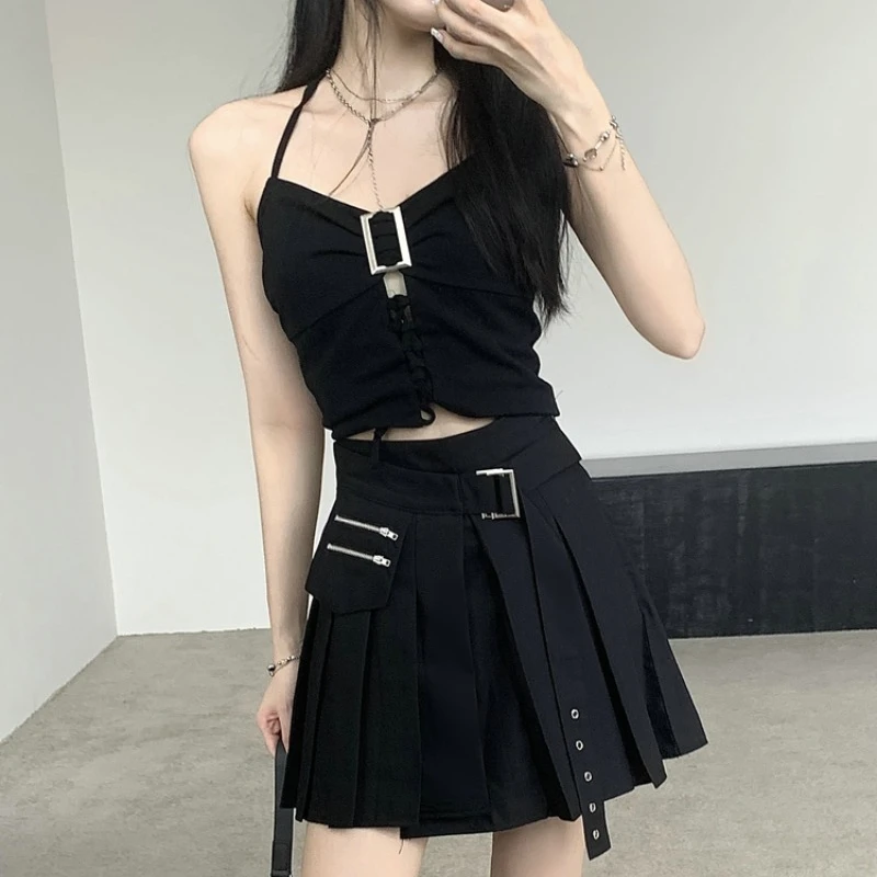 Women Skirts Sets Solid Color Tanks Tops + Irregular Splicing High-waisted Pleated Bustier Skirt Punk Short Two-piece Set Female