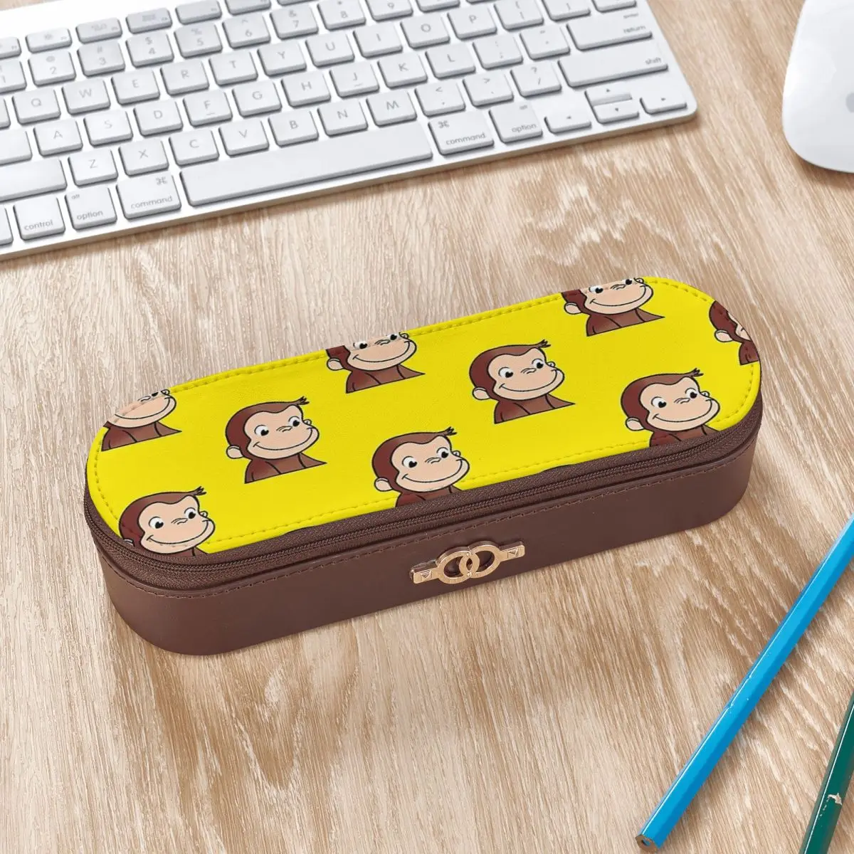 Curious George Backpack Leather Pencil Case Pencil Pouch Storage Stationery Supplies Pen Box Pencil Bag for Boy Girl Gifts