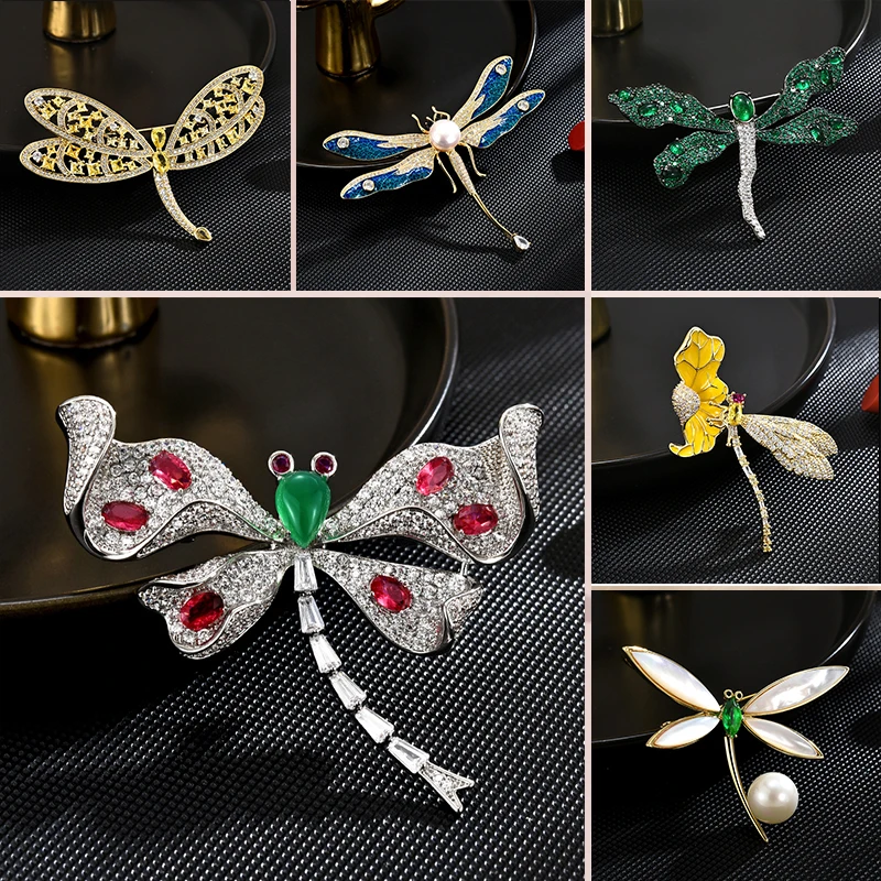 OKILY Exquisite Luxury Retro Dragonfly Brooches Atmosphere Man Coat Broochpins AAA Zircon Pearl Animal Corsage Accessories Decor