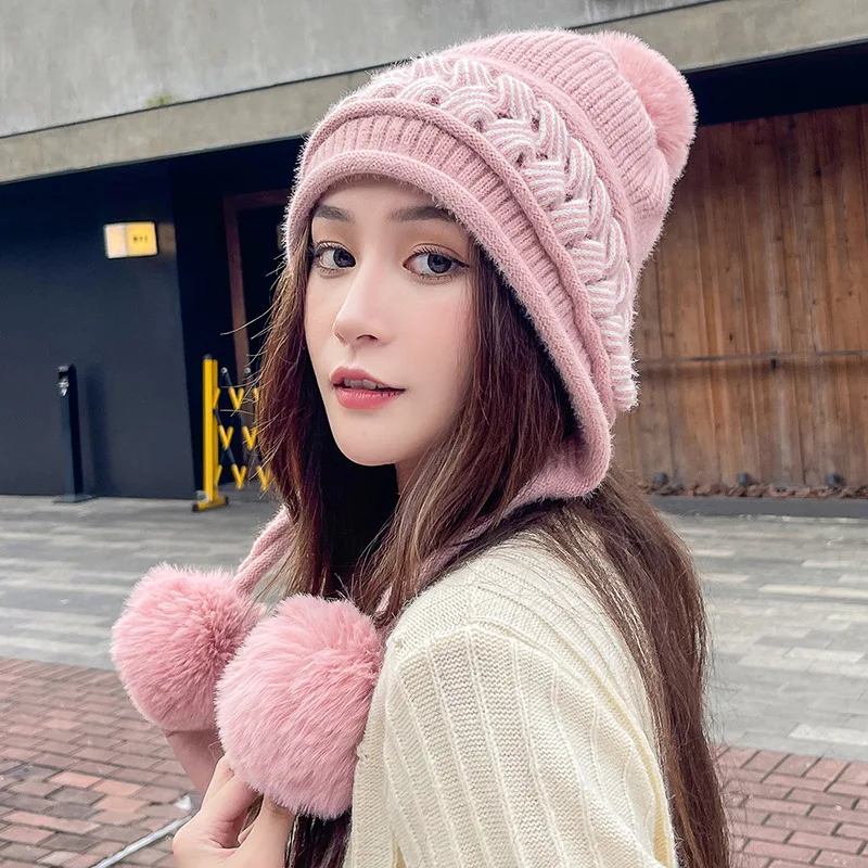 Women Winter Peruvian Cover Ears Beanie Hat Ear Flaps Sherpa Ski Snow Caps Knit 3 Pom Pom Outdoor Cold Weather