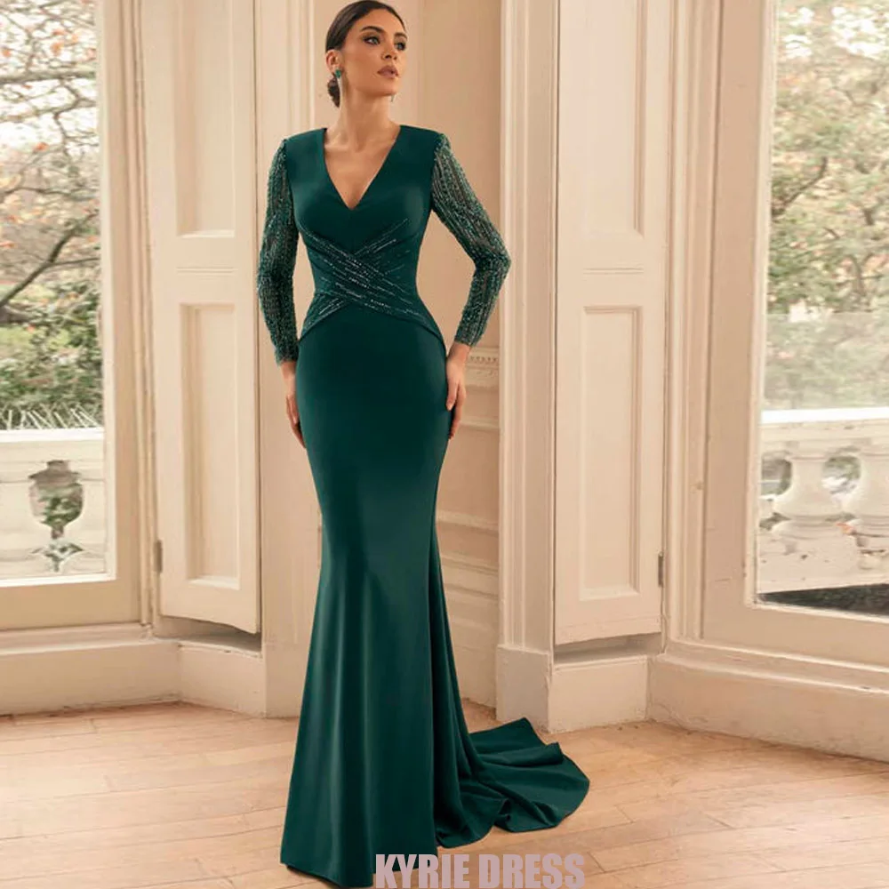 Customized Mother of The Bride Dress Fashion V Neck Full Sleeves Beading Floor Length Mermaid Wedding Guest Gown Party Dresses