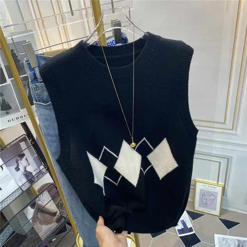 Suéter de punto Extra grande 300 Pou, chaleco holgado para mujer, prenda de punto holgada Retro, camiseta sin mangas con patrón de diamante redondo Ne