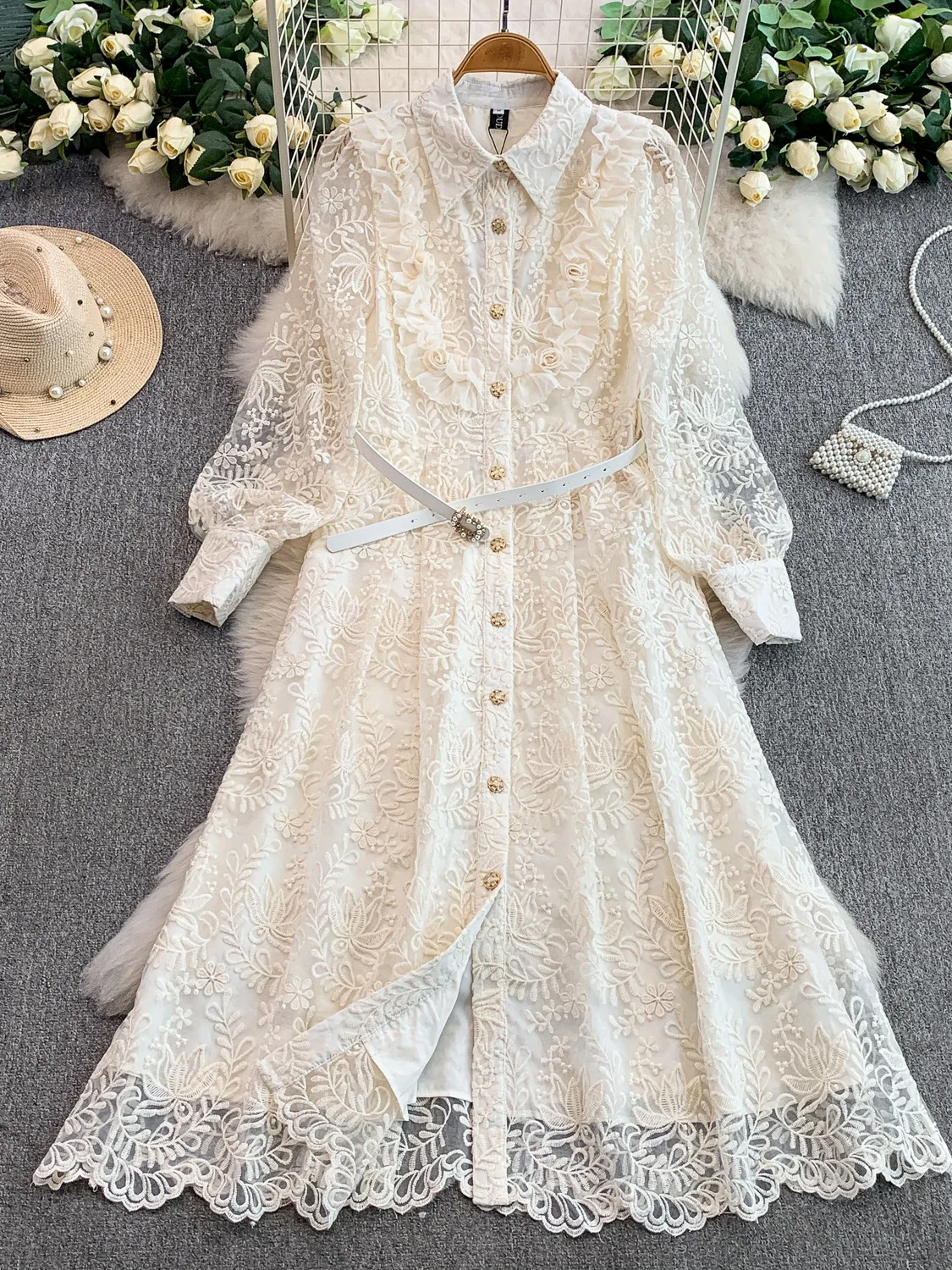 Ele High-End Embroidered Floral Lace Collar Long Dr Women's Spring Autumn Buttoned Waist Cinching A-Line Skirt