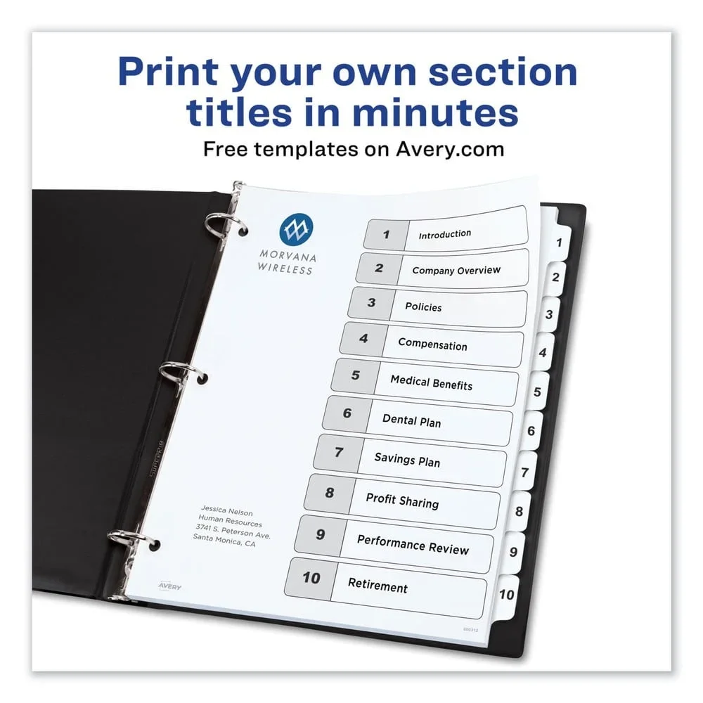 10-Tab Paper Divider Set with Printable Table of Contents Heavyweight Reinforced Holes Project Binders Training Manuals
