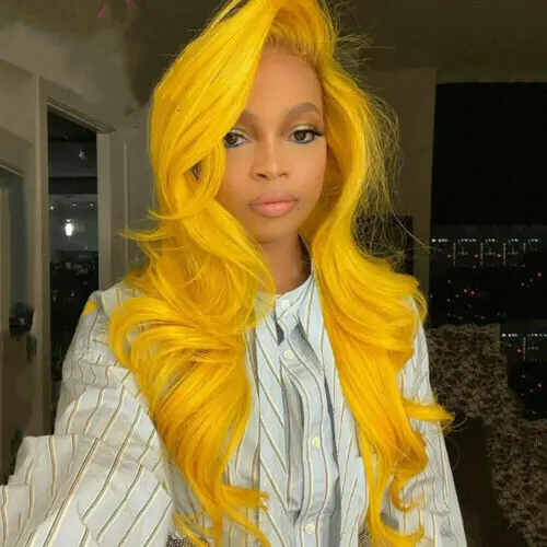 Women Bright Yellow Lace Front Fiber Wigs Long Wave Curly Soft Hair Daily Wear Synthetic