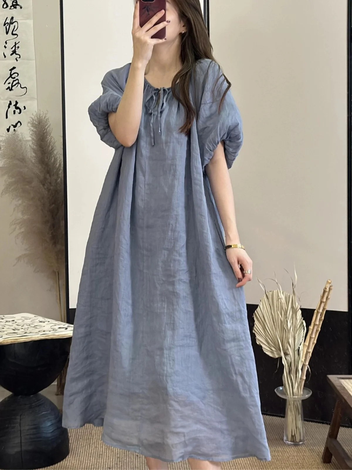 กระโปรงยาวทรงเข้ารูปผูกเอว รุ่น Ele Pure Color Bubble Sve Linen Dr Summer ไซส์พลัส สำหรับผู้หญิง แฟชั่นทันสมัย ทรงกลม ผูกเชือก