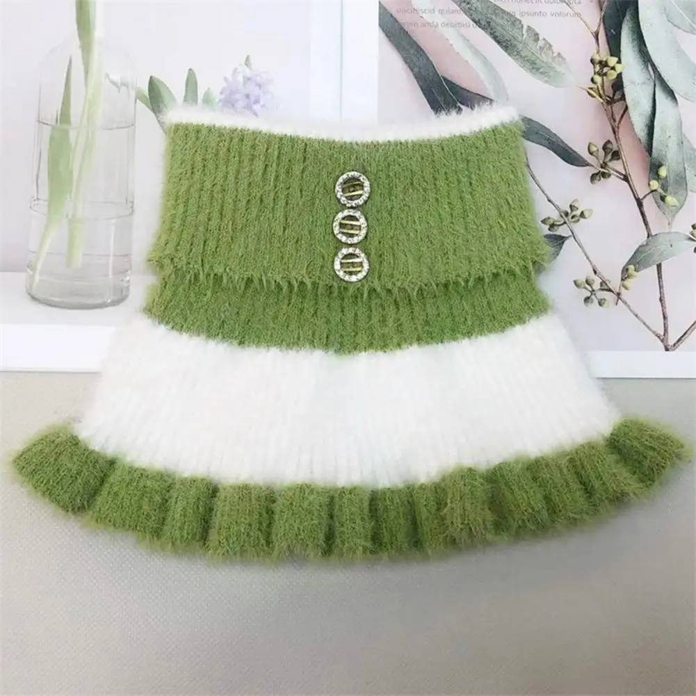 Women Winter Scarf Fake High Collar Ruffle Rhinestone Decor Neckwear Knitted Warm Neck Protection Decorative Neck Warmer