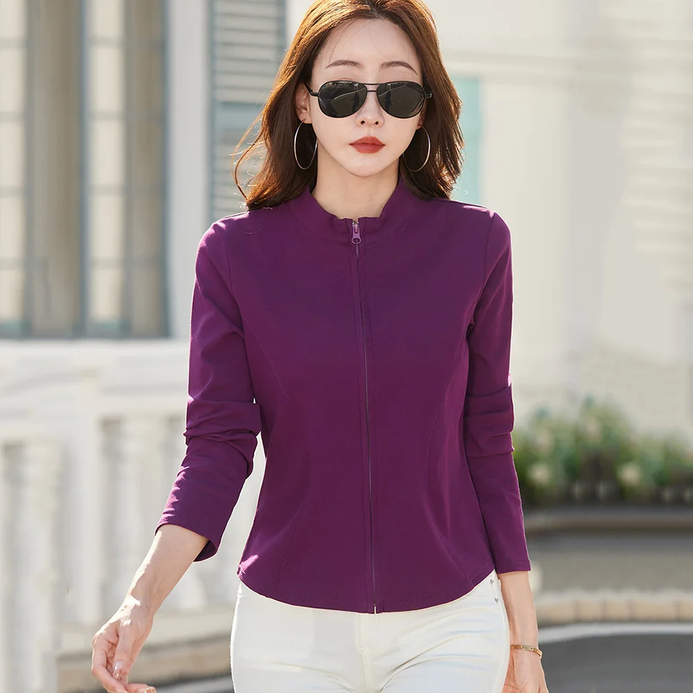 New Women Long Sleeve T-shirt Spring Autumn Fashion Zipper Placket Stand Collar Loose Daily T-shirt Simplicity Casual T-shirt