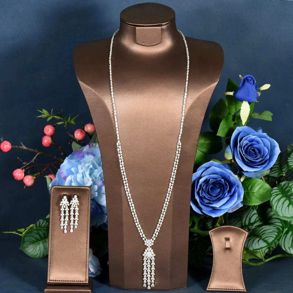 

HIBRIDE Water Drop Long Necklace Pendant And Earring Sets 2PCS Cubic Zirconia Sweater Chain For Women Clothing Accessories N-717