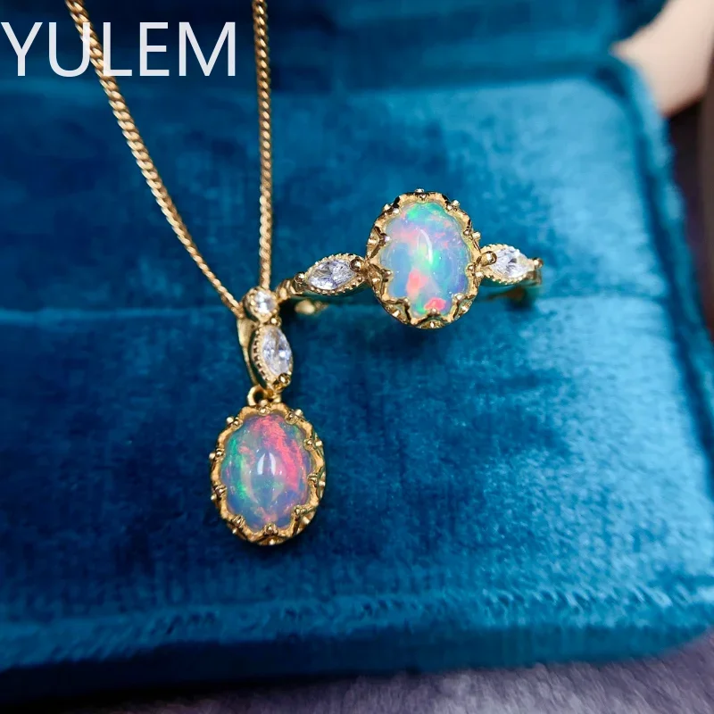 YULEM 925 Sterling Silver Natural Opal Colored Stone Jewelry Set Earrings Ring Pendants Ladies Charm Jewelry Luxury