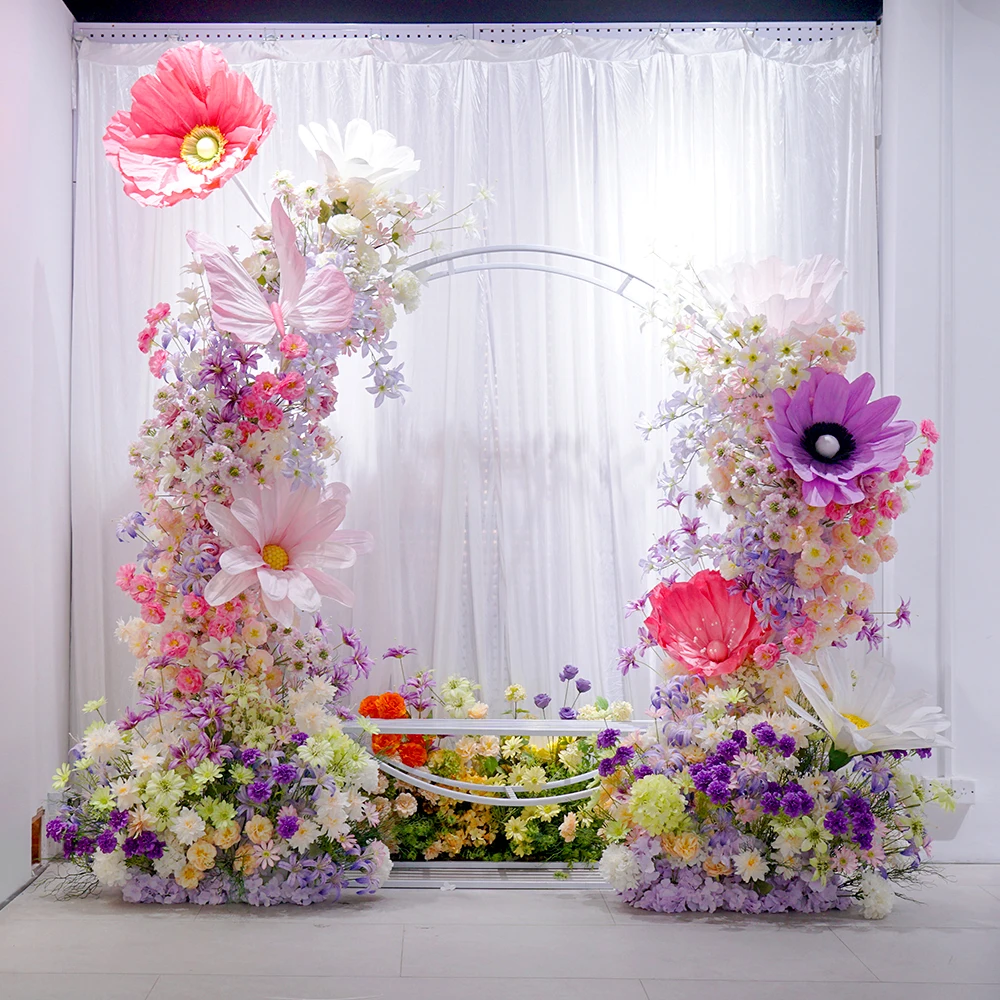 

#￥Luxury Colorful Wedding Backdrop Giant Silk Flowers with White Metal Bench for Event Party Decor