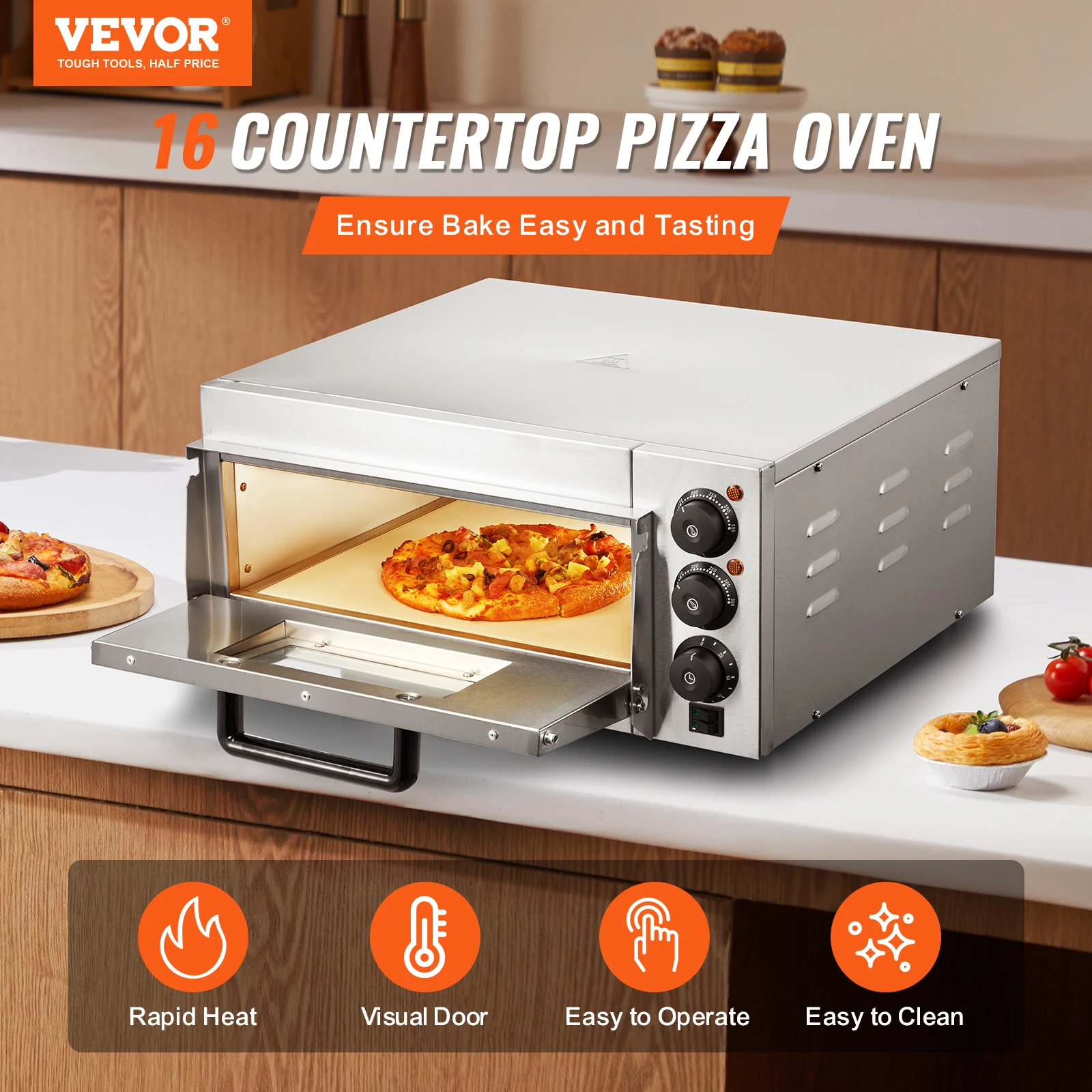 VEVOR Commercial Pizza Oven Countertop Single Deck Layer Stainless Steel Electric Pizza Oven with Stone and Handle Pizza Maker