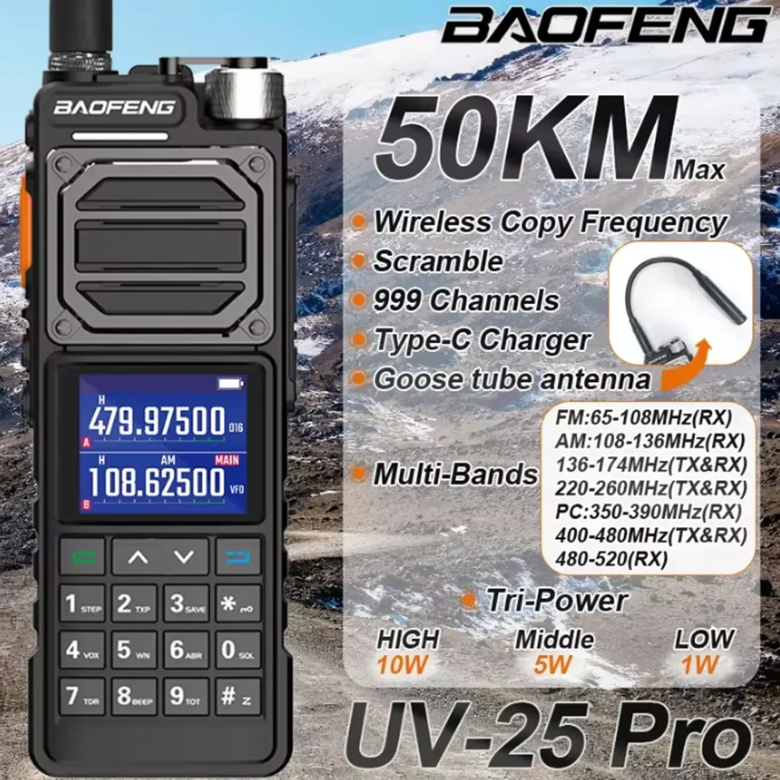

Baofeng UV-25L Ham Radio Hoge Krachtige Tactische Walkie Talkie 50 км Vier-Band Type-C 999 Kanaal Tweeweg Radio Baofeng Nieuwe Up