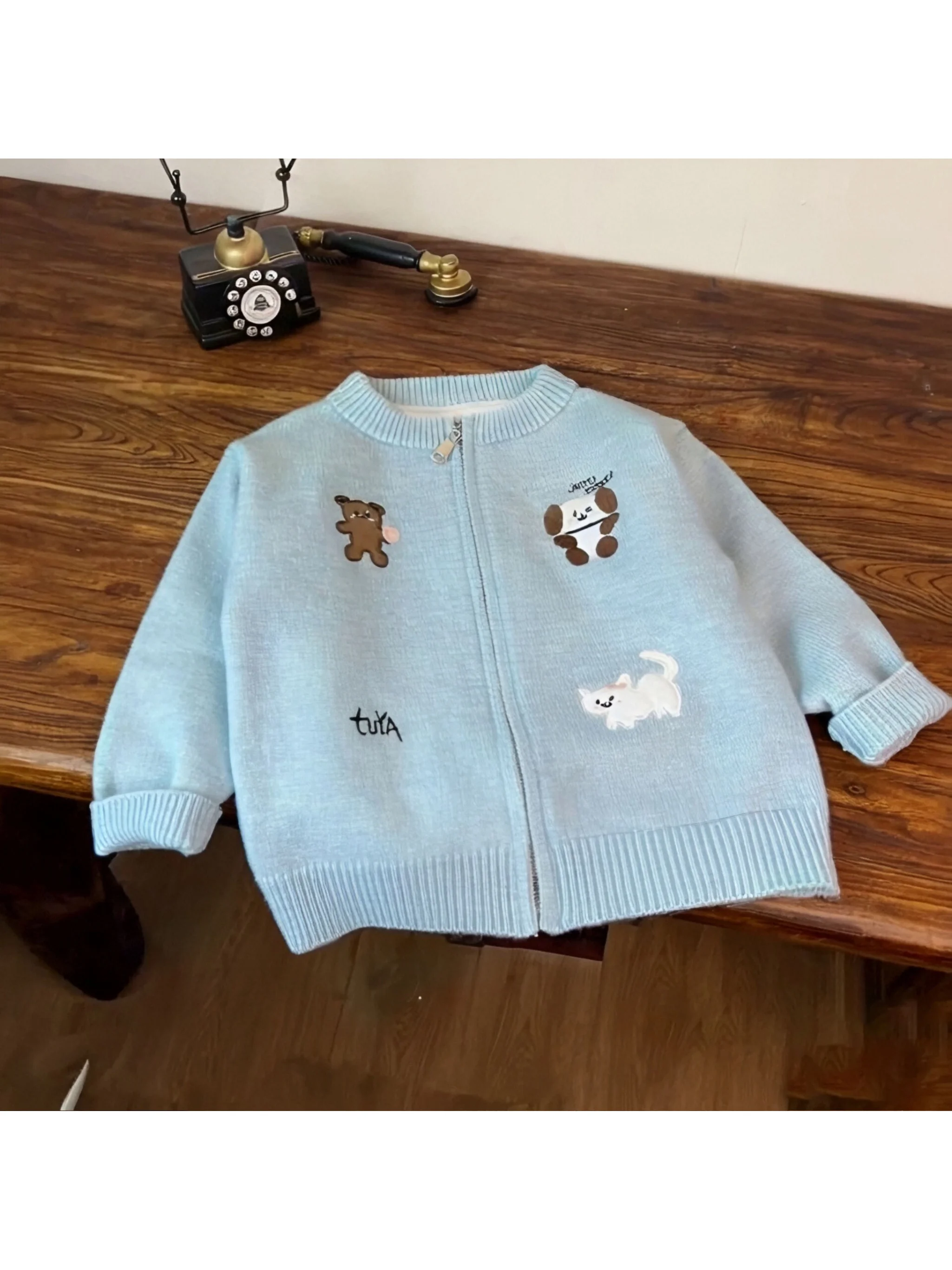 Autumn Children's Knit Cardigan Jacket Korean Style Loose Trendy Cute Heavy Embroidery Zipper Sweater