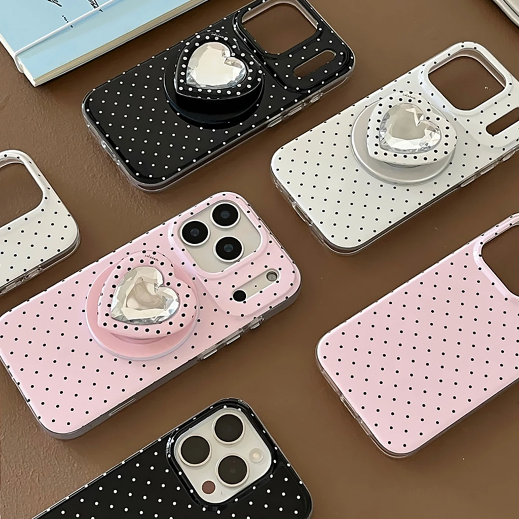 Funda Protectora para Teléfono con Diseño de Corazón con Puntos y Piedras Preciosas, con Soporte Magnético, Carga Inalámbrica, Resistente a Golpes, para iPhone 17 16 15 14 Pro Max