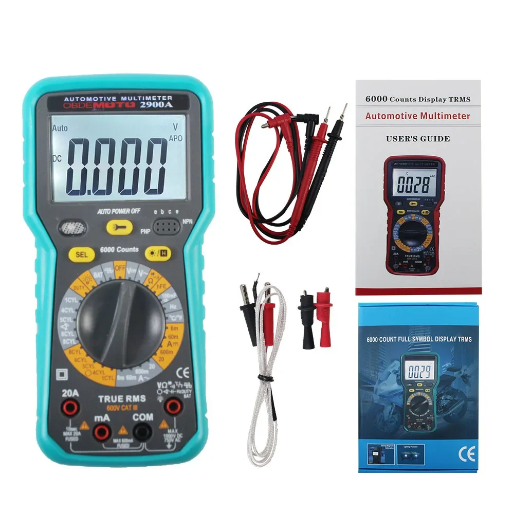 New! 2900A Digital Automotive Multimeter 6000 Counts True RMS AC/DC Volt Amp Ohm Dwell Angle Rotational Speed Temperature Tester