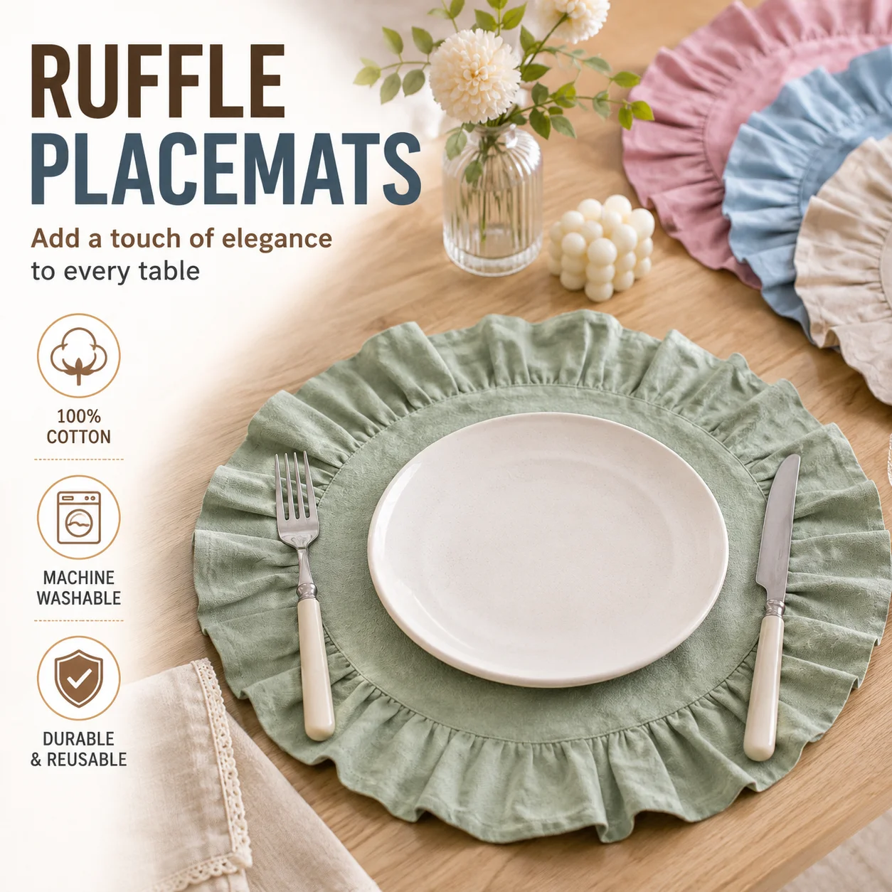 Round Cotton Placemats with Ruffle Edge Washable Table Mats Cloth Napkins for Dining Kitchen Wedding Party Home Decoration Use - view 2