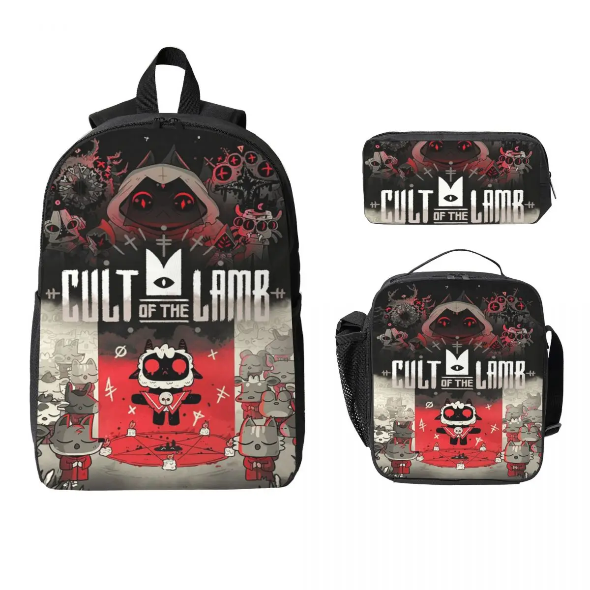 3Pcs Cult Of The Lamb Game School bags Set for Kids Pencil Boxes Backpack Sets with Lunch Box For School Students Knapsack