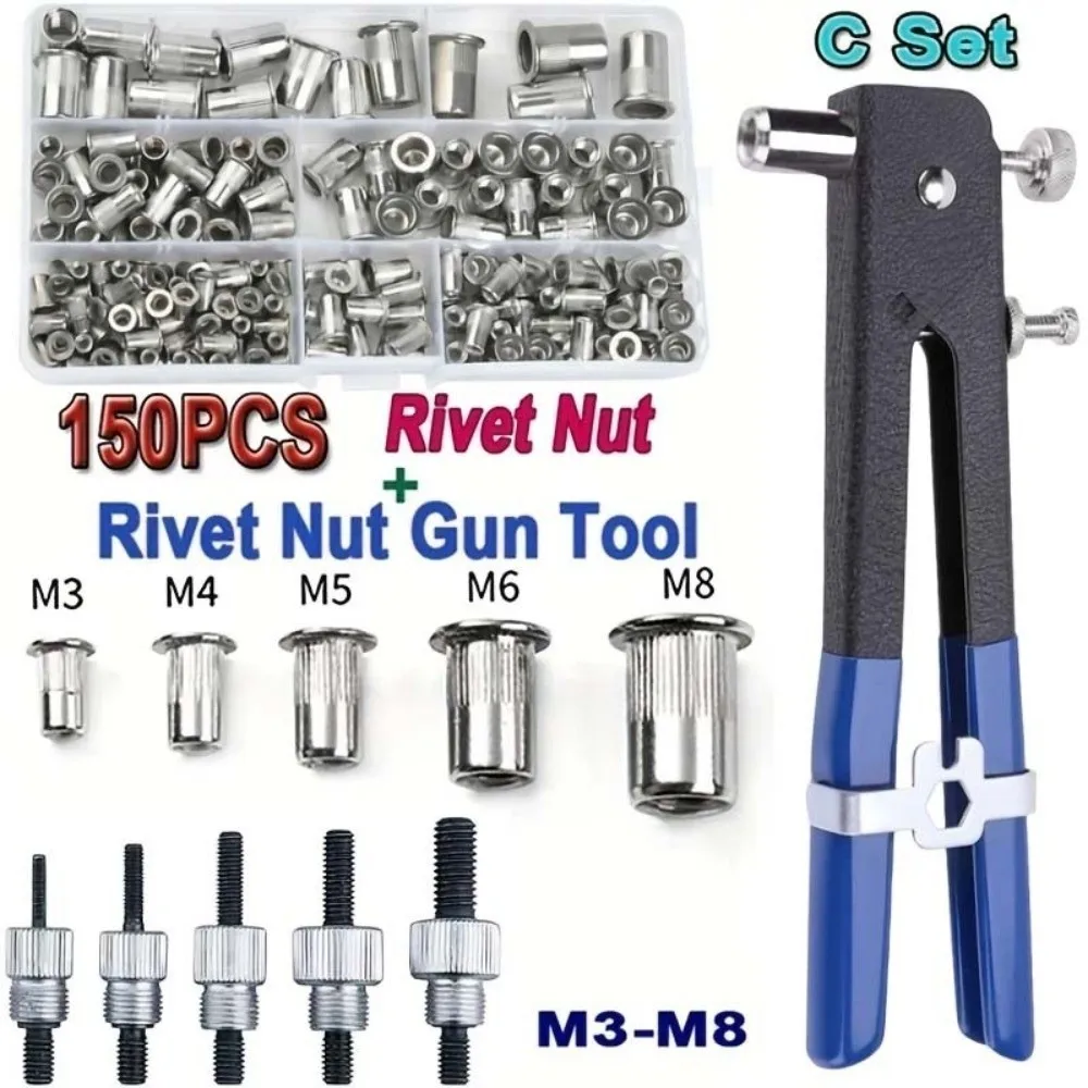 Durable 150PCS Rivet Nut Kit Flathead Plier Rivet Nut Gun Repair Tools M3-M8 Stainless Steel Rivet Nuts Repair Tools