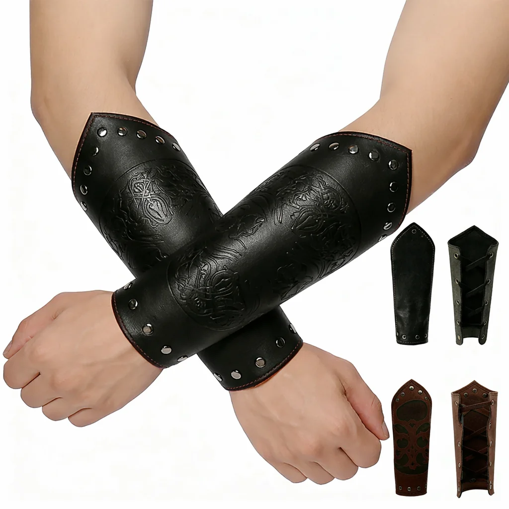 

Medieval PU Leather Gauntlet Arm Bracers Vintage Warrior Wrist Guards Punk Style Cosplay Props Renaissance Costume Accessories